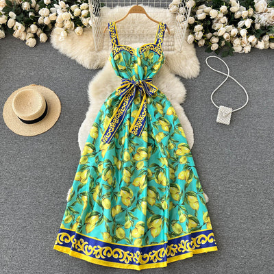 Vintage Printed Bow Bandage Dress Women