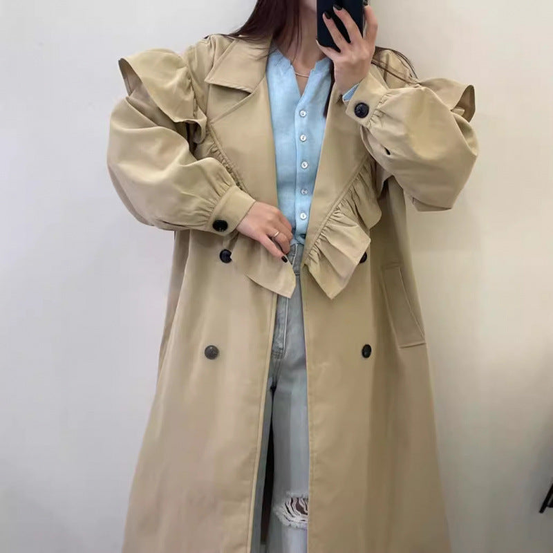 Niche Design Ruffled Stitching Long Trench Coat