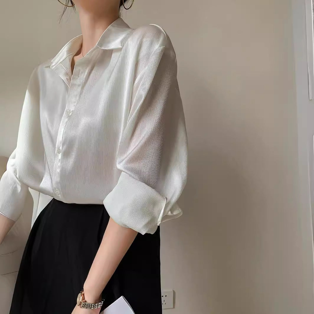 White Texture Satin Shirt For Women