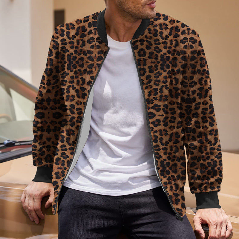 Autumn Vintage Leopard Print Pattern Men's Zipper Jacket Fleece-lined Long Sleeve Coat