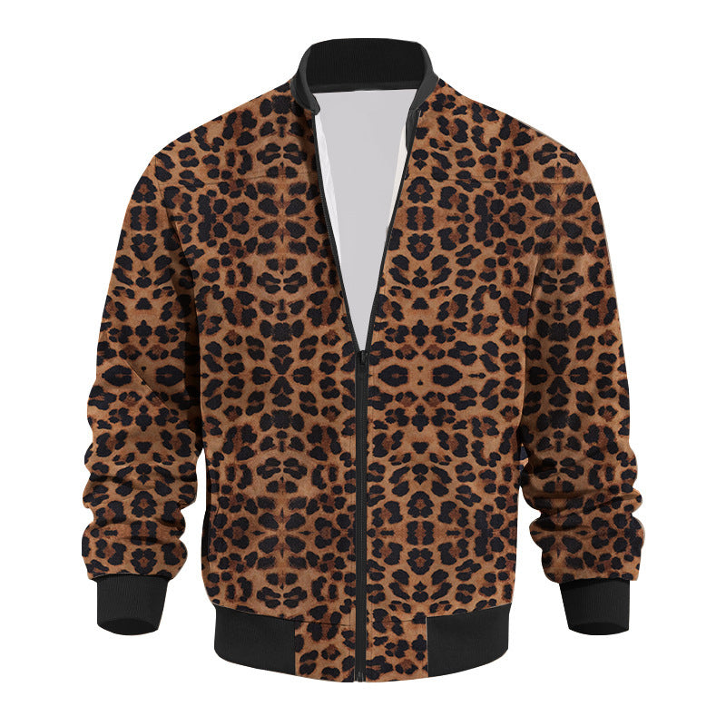 Autumn Vintage Leopard Print Pattern Men's Zipper Jacket Fleece-lined Long Sleeve Coat