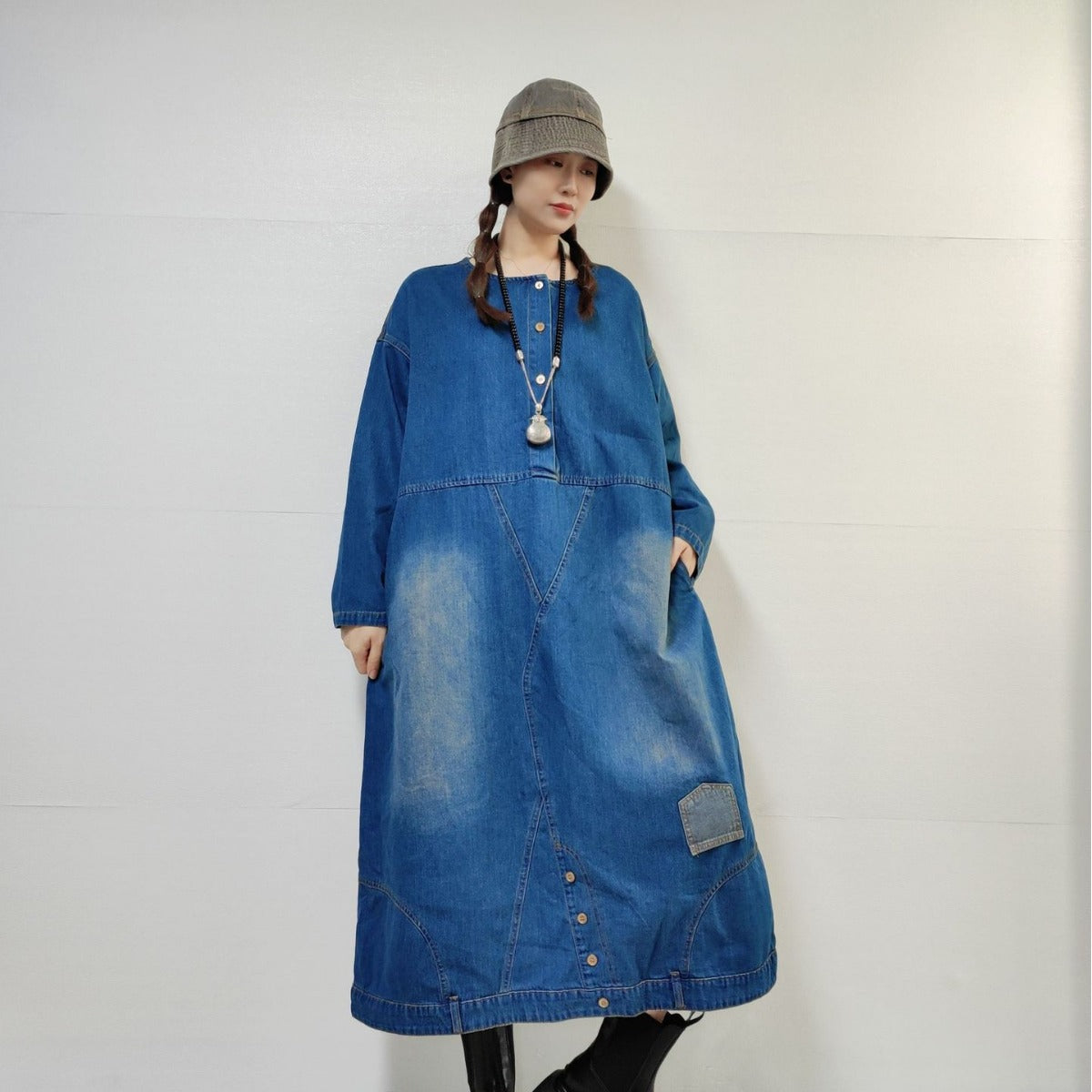 Loose-fitting Casual Round-neck Long-sleeved Denim Dress