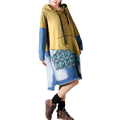 New Patchwork Plus Size Hooded Sweater Mid-length Women