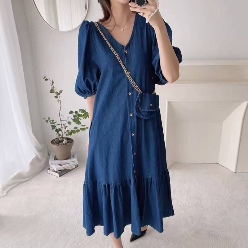 Casual Lotus Cloth Short Sleeve Denim Dress