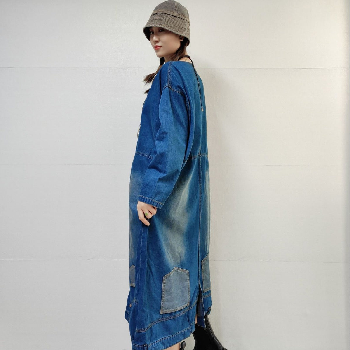 Loose-fitting Casual Round-neck Long-sleeved Denim Dress