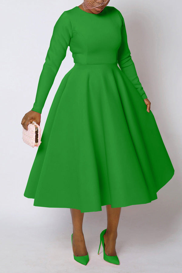 Casual Solid Color Long Sleeve Round Neck Large Swing Dress