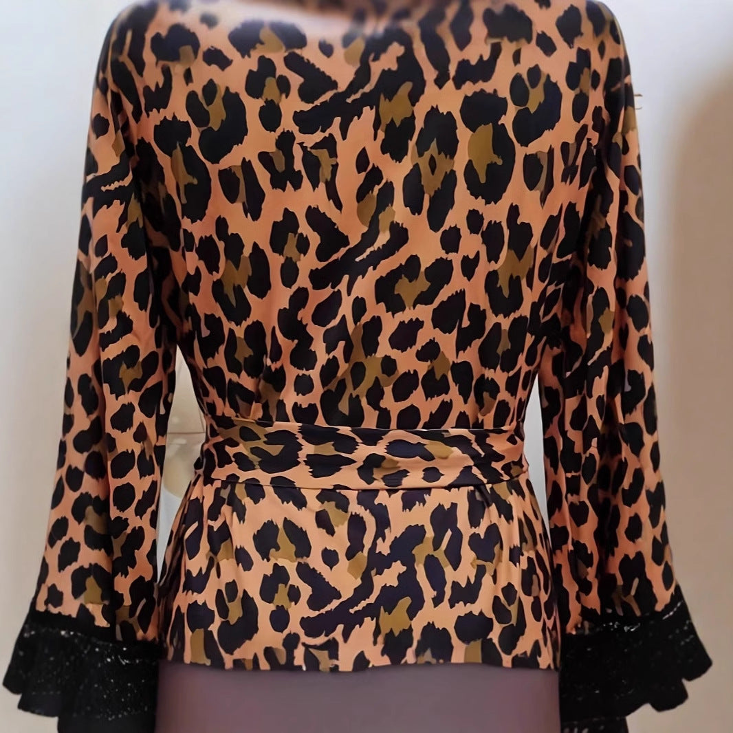 Fashion Casual Lace Long Sleeve Leopard Print Dress