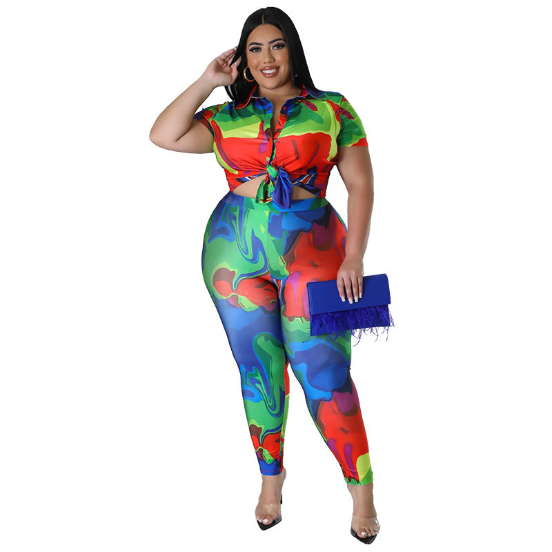 Plus Size Women's Printed Summer Short Sleeve Trousers