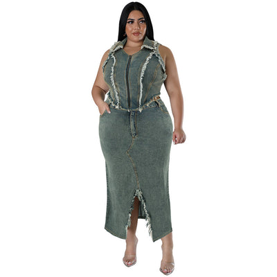 Women's Denim Short Sleeve Tassel Suit