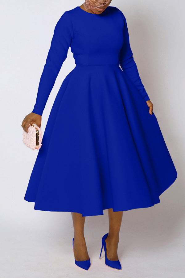 Casual Solid Color Long Sleeve Round Neck Large Swing Dress