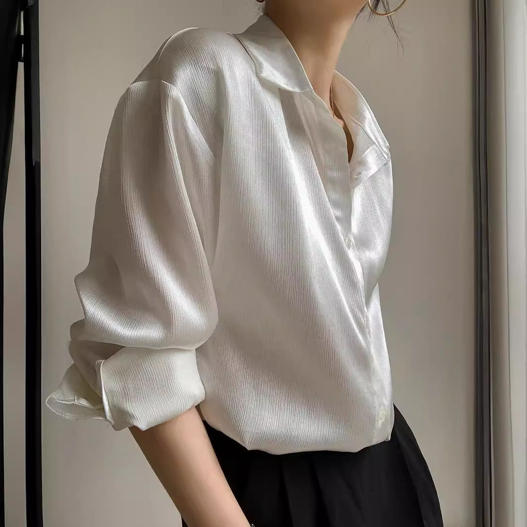 White Texture Satin Shirt For Women