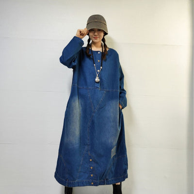 Loose-fitting Casual Round-neck Long-sleeved Denim Dress