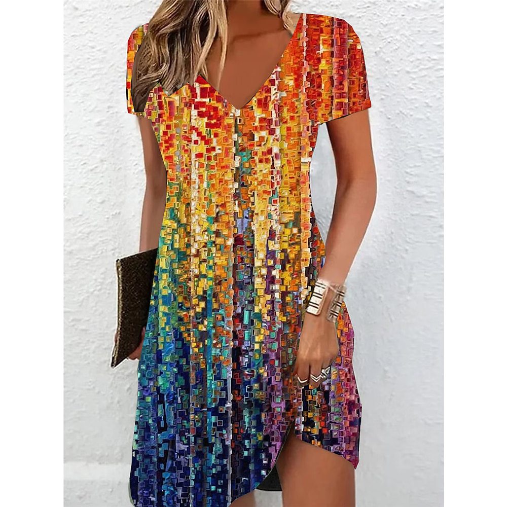 Women's Casual Gradient Printing V-neck T-shirt Dress