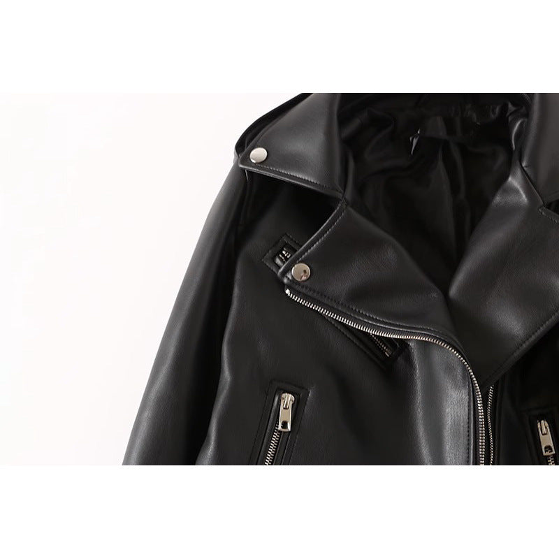 Women's Black PU Leather Zip Jacket