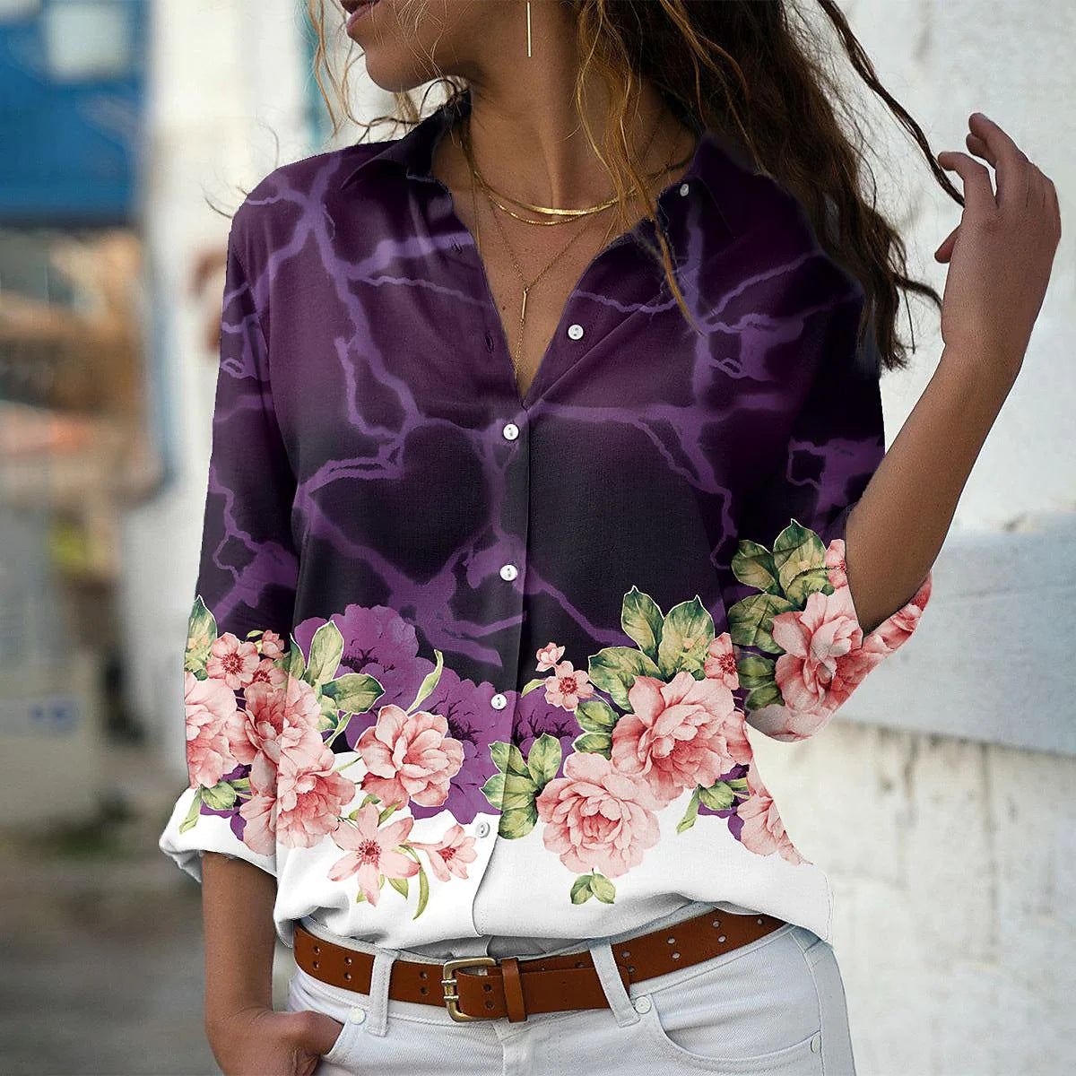 Fashion Printing Lapel Long Sleeve Shirt For Women