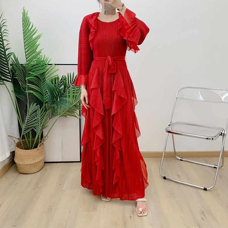 Pleated Round Neck Waist-tight Slimming Large Hem Dress