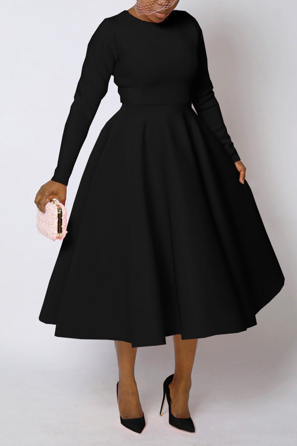 Casual Solid Color Long Sleeve Round Neck Large Swing Dress