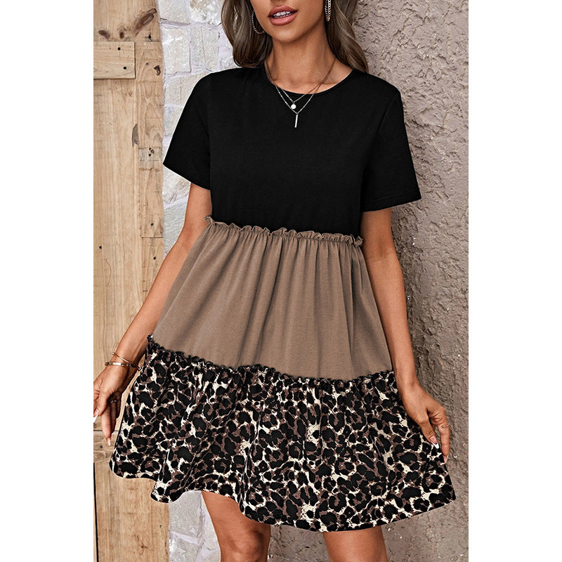 Leopard Print Contrast Stitching Short Sleeves Dress