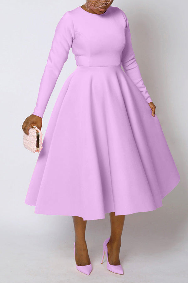 Casual Solid Color Long Sleeve Round Neck Large Swing Dress