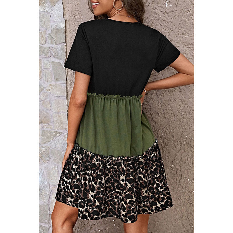 Leopard Print Contrast Stitching Short Sleeves Dress