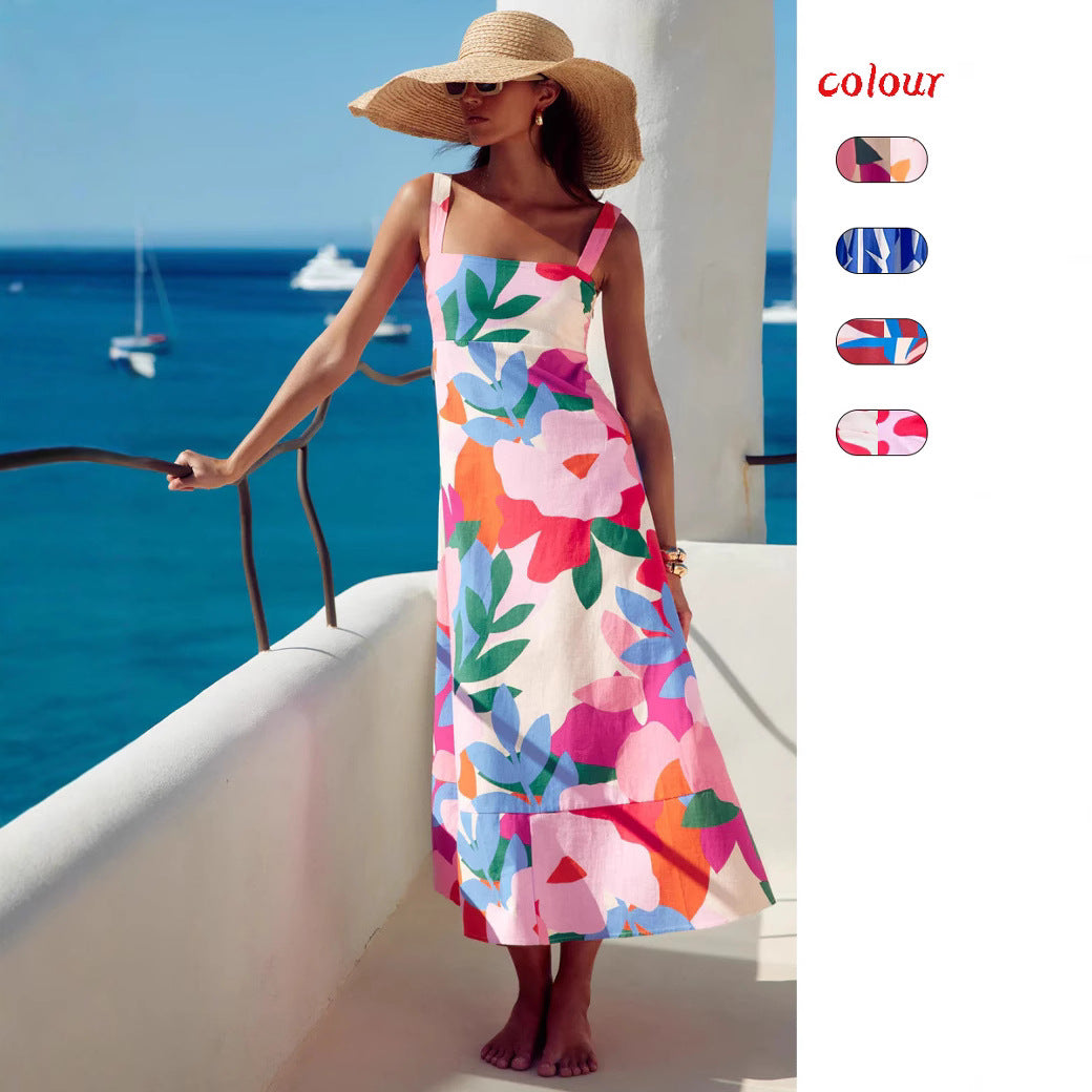 Vacation Style French Printed Long Dress Women