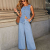 Fashion Sleeveless Denim Suit Wide Leg Pants