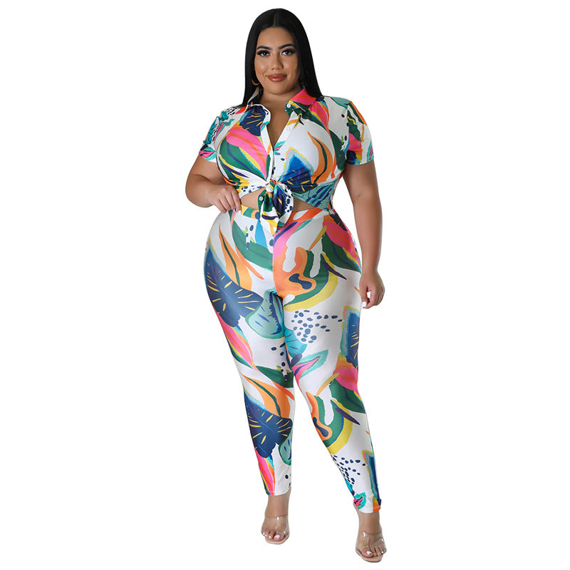 Plus Size Women's Printed Summer Short Sleeve Trousers