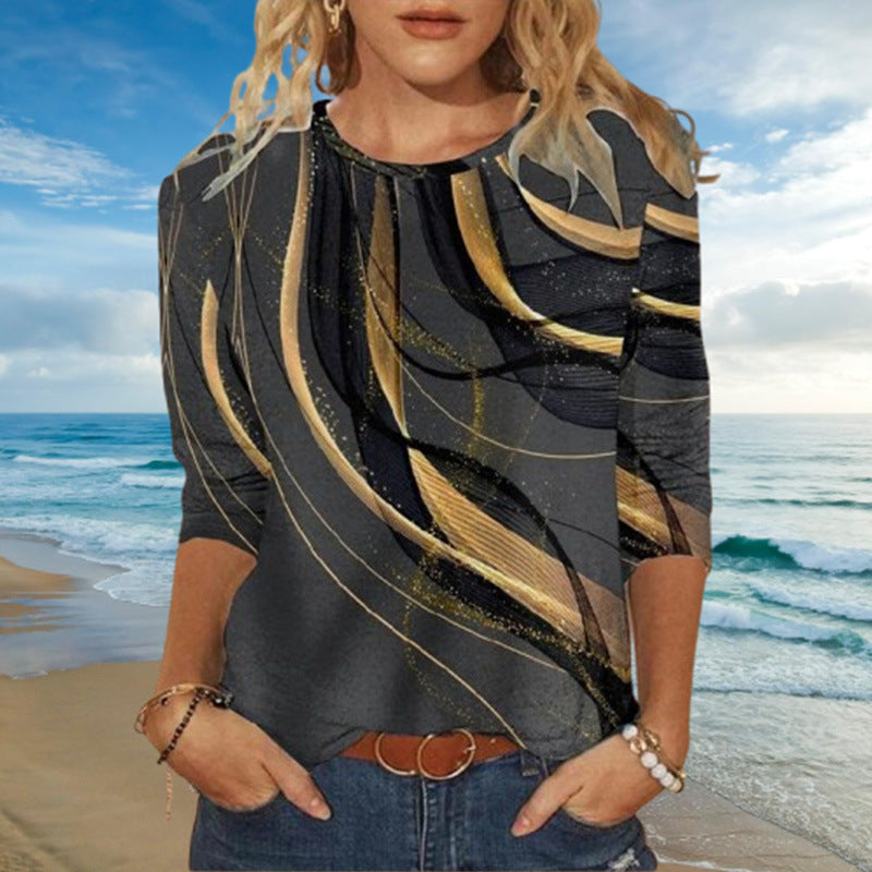 Women's Round Neck Abstract Printed Loose Long Sleeves