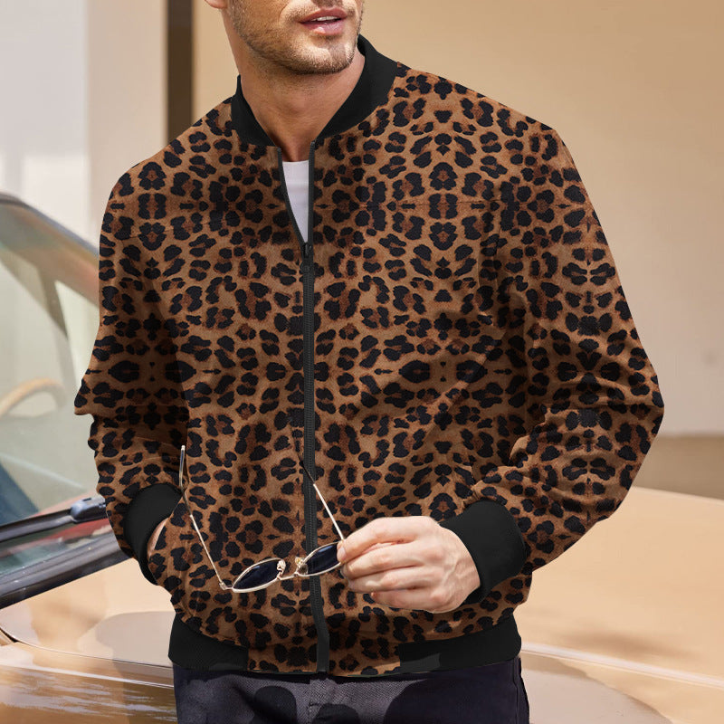 Autumn Vintage Leopard Print Pattern Men's Zipper Jacket Fleece-lined Long Sleeve Coat