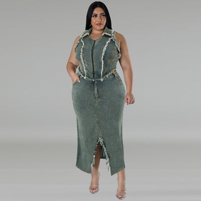 Women's Denim Short Sleeve Tassel Suit