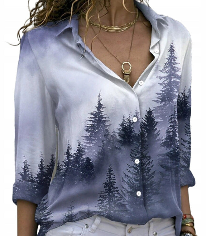 Fashion Printing Lapel Long Sleeve Shirt For Women