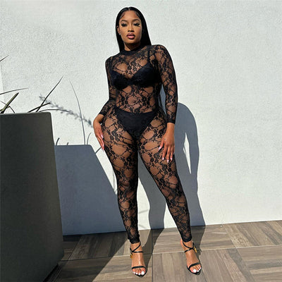 Street Sexy See-through Round Neck Long Sleeve Lace Tight Jumpsuit