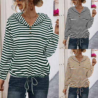 Button Striped Hooded Sweater For Women