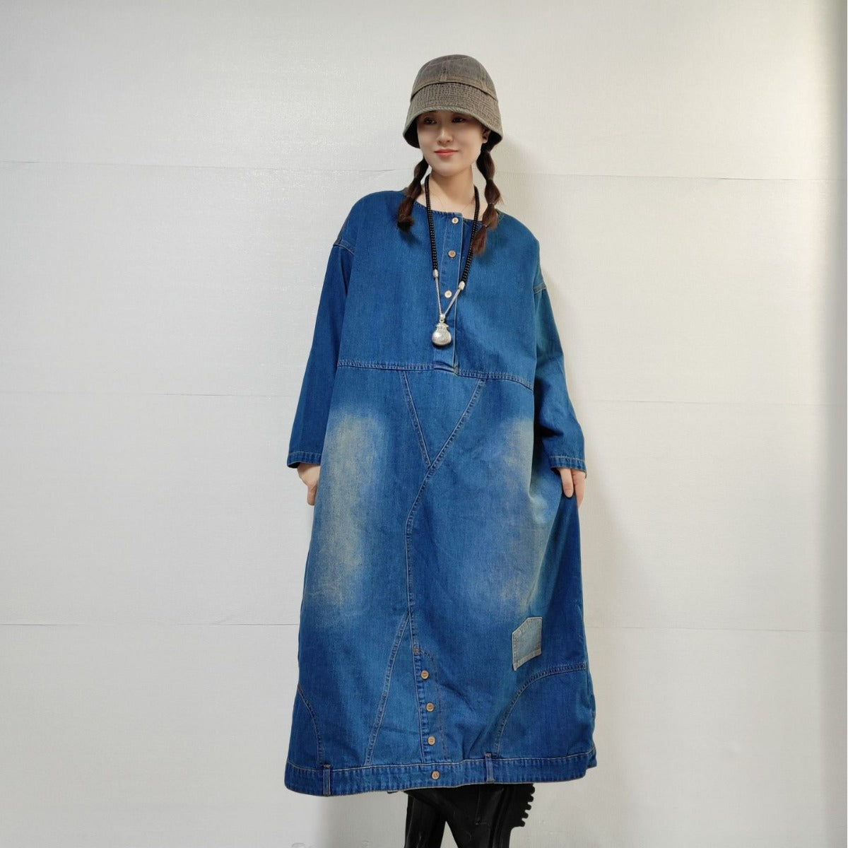 Loose-fitting Casual Round-neck Long-sleeved Denim Dress