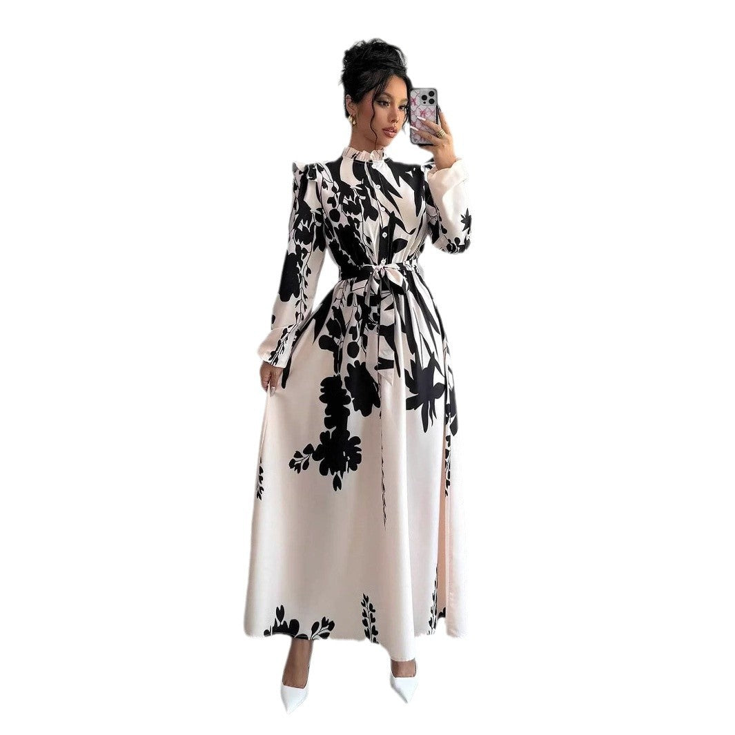 Women's Flower Waist Long Sleeve A- Line Dress