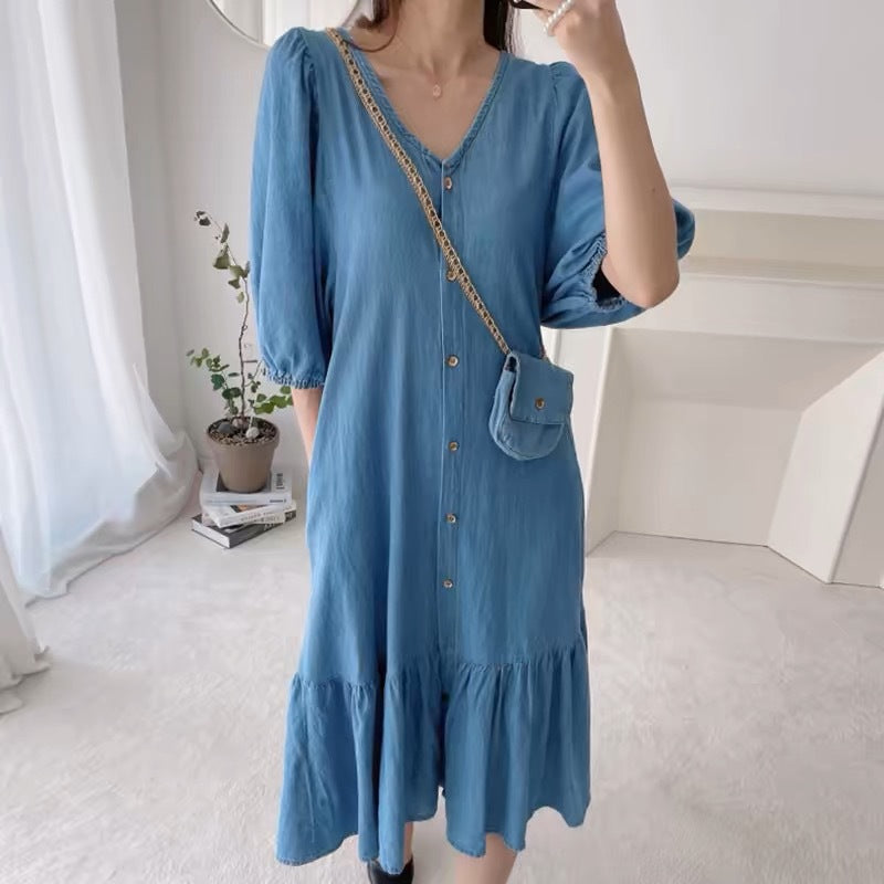 Casual Lotus Cloth Short Sleeve Denim Dress