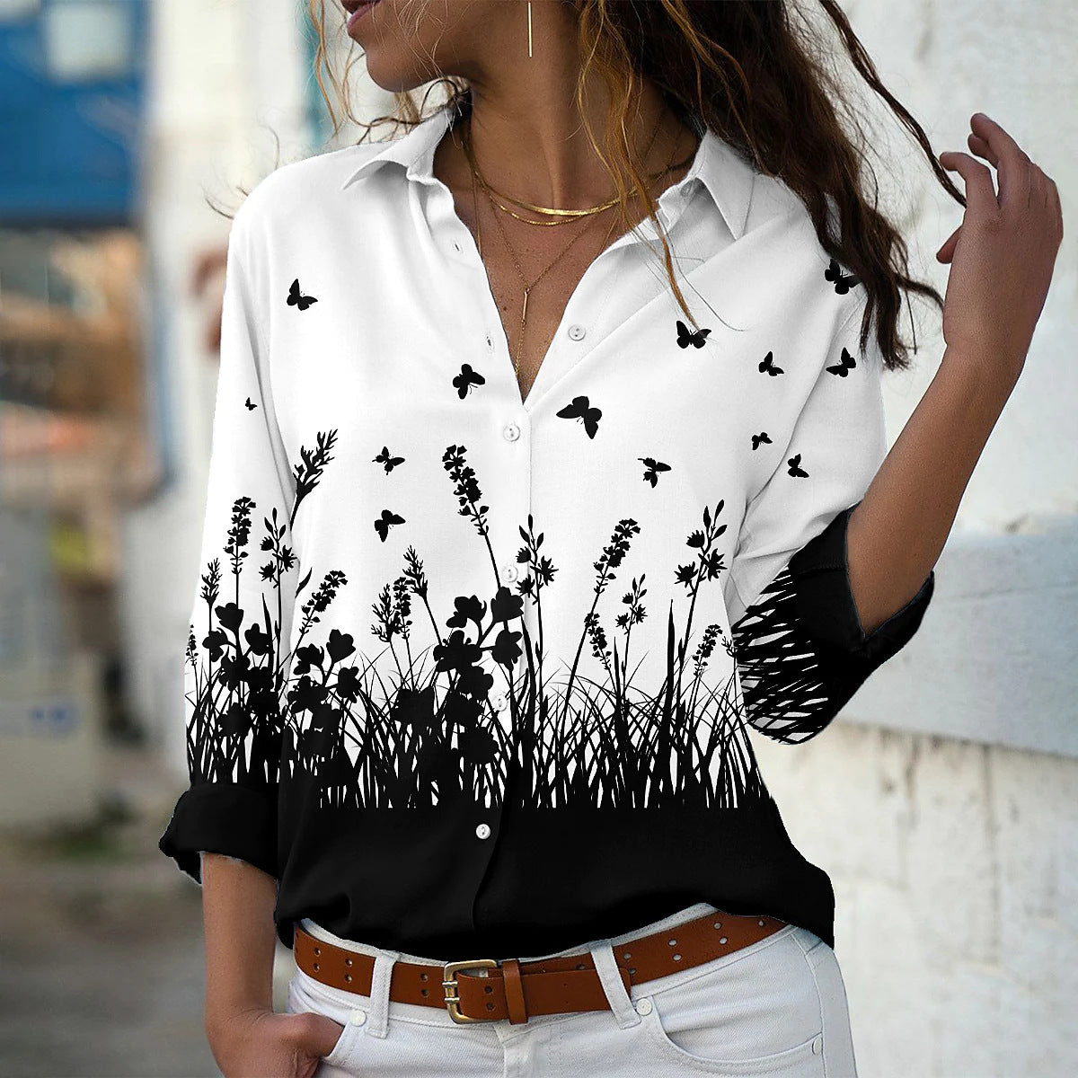 Fashion Printing Lapel Long Sleeve Shirt For Women