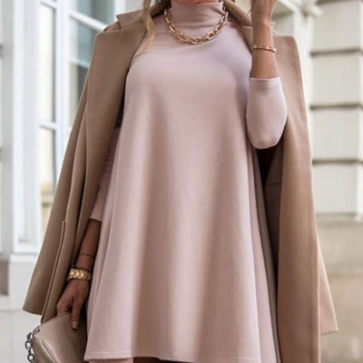 Fashion Casual Women's Solid Color Long Sleeve High Collar Loose Dress