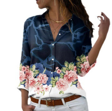 Fashion Printing Lapel Long Sleeve Shirt For Women