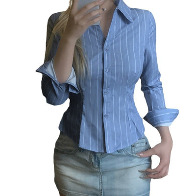 Striped Lapel Shirt European And American Fashion Women's Slim Top