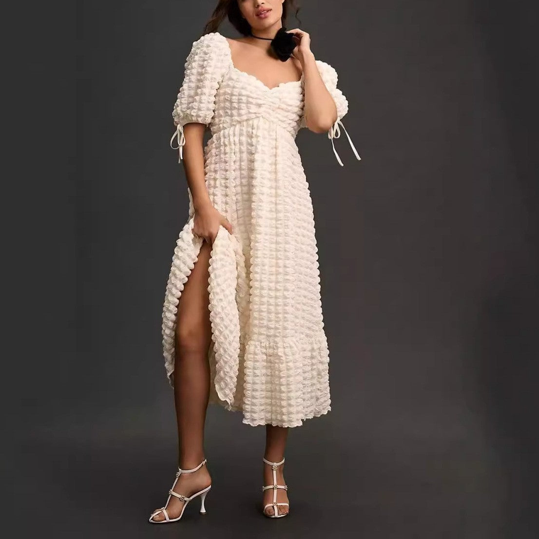 Puff Sleeve Lace-up Elegant Dress