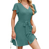 Solid Color And V-neck Belt Button Cardigan Short Sleeve Dress