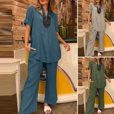 Solid Color Short Sleeve V-neck Top And Straight Wide Leg Pants Casual