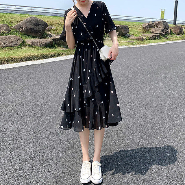 Black Polka Dot Puff Sleeve Short Sleeve Dress Women