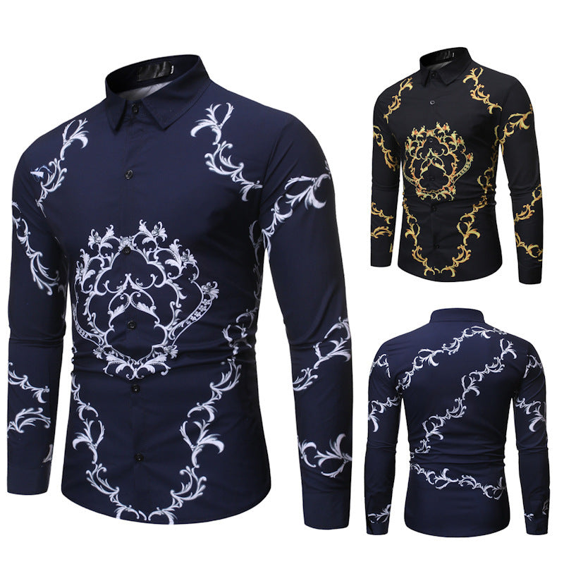 New Mens Long Sleeve Shirts Slim Fit Casual Shirt For Men Flower Shirt