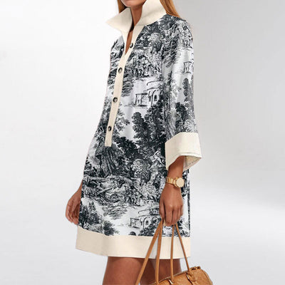 Women's Ink Painting Printing Lapel Half Sleeve Dress