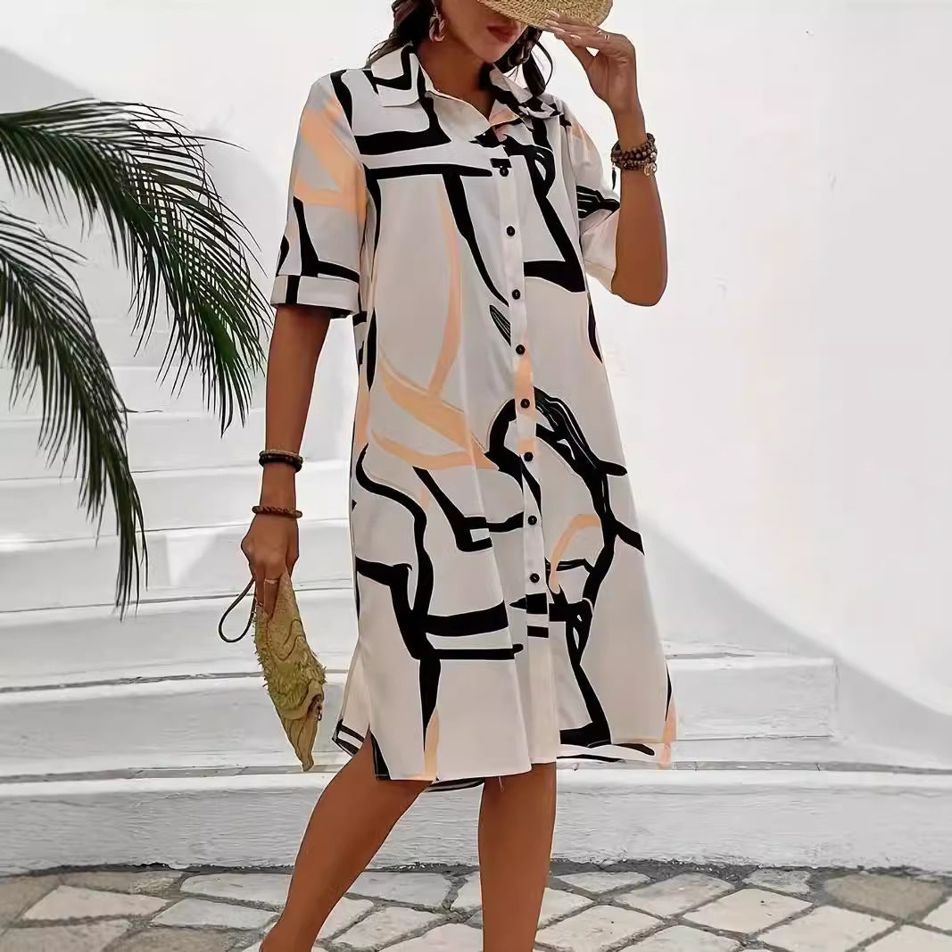 Printing Lapel Geometric Pattern Split Shirt Dress Ladies