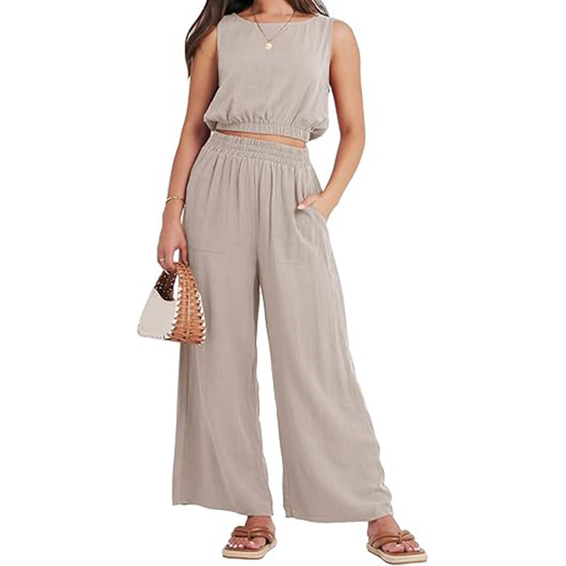 Casual Round Neck Sleeveless Elastic Lower Hem High Waist Wide Leg Two-piece Set