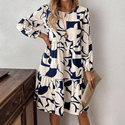 Printed Round Neck Long Sleeve Commuter Dress