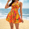 Ladies' Summer Contrasting Tropical Print Hanging Neck With V-neck Hollow Out Pleated Beach Vacation Style Short Dress